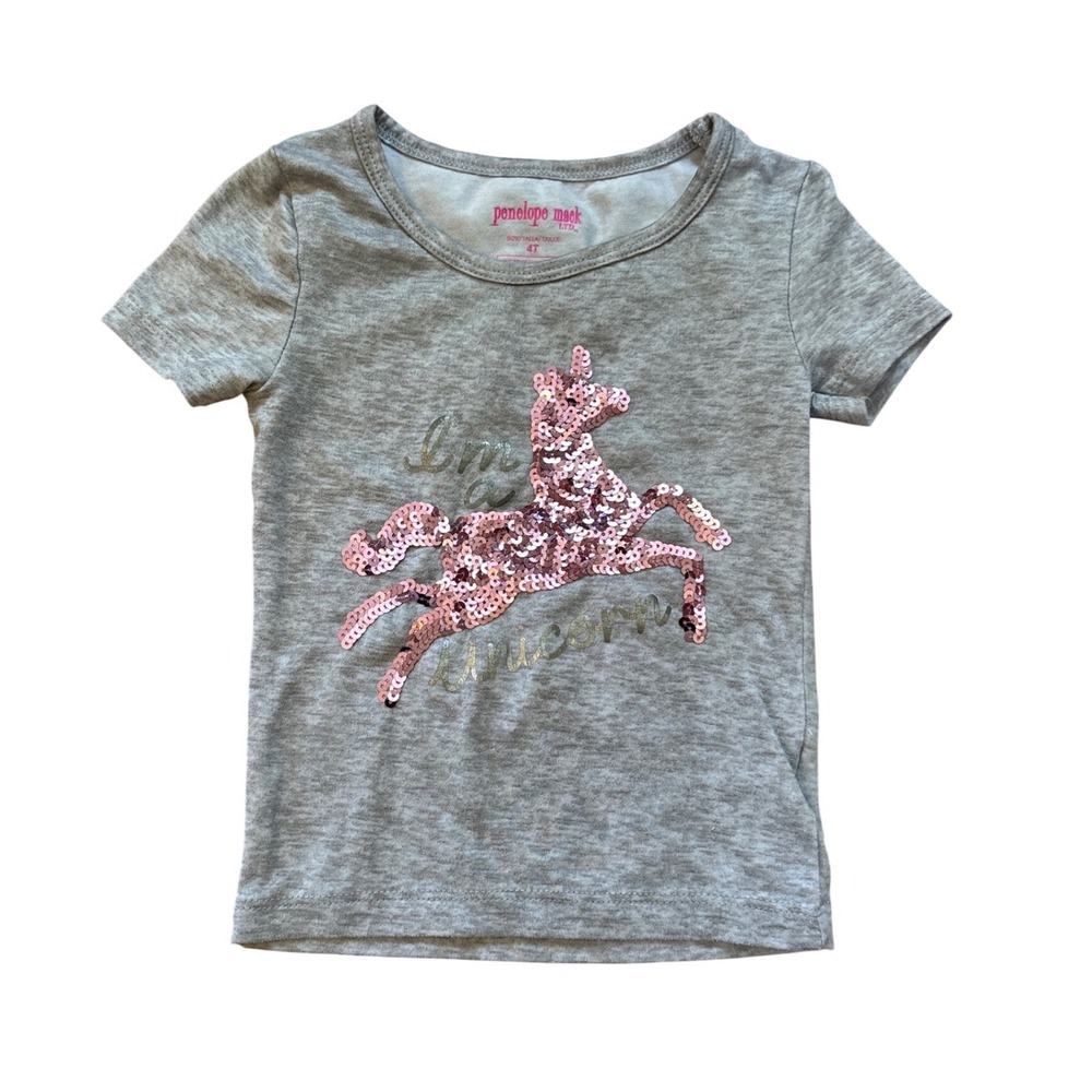 Penelope Mack Unicorn Tee Kids Grey Excellent Sequin Graphic Shirt SIZE 4T
